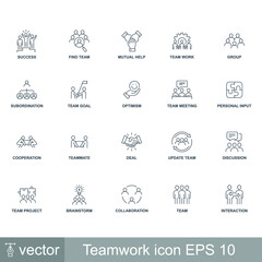 Teamwork signage set for business project include group, team, Collaboration, discussion, etc. Simple set of team work related vector line icons. Vector illustration. Design on white background. EPS10
