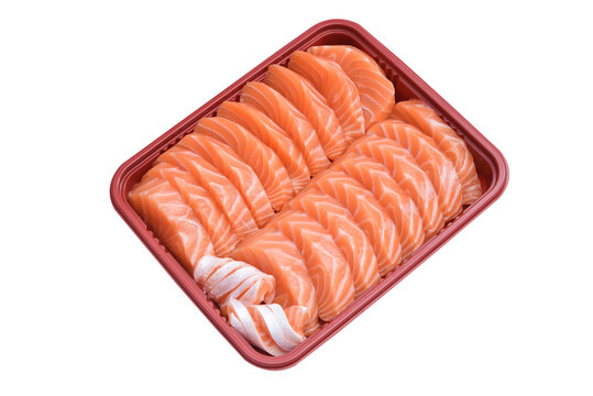 Salmon Sashimi In A Red Tray On White Background.