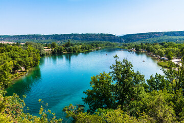 Fototapeta na wymiar Sentier du garde canal, Quinson, Verdon lower gorge, lake Sainte Croix, Provence, Provence Alpes Côte d'Azur, France 