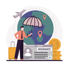 Travel insurance. Cartoon man with umbrella traveling with protective insurance. Save vacation and recreation. Concept of health protection for travelers