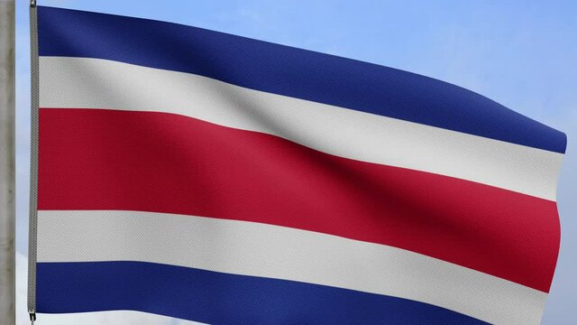 3D, Costa Rica flag waving on wind with blue sky and clouds. Close up of Costa Rican banner blowing, soft and smooth silk. Cloth fabric texture ensign background.-Dan