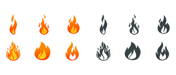 Danger highly Flammable or combustibility warning. Round flame, camp fire, Hazard bonfire extremely. Fire flames icon set. Vector illustration. Design on white background. EPS 10