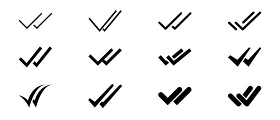 Double checking in different style for confirm approval. Two arrow for Valid seal sign. Checklist completed logo. Double check mark icon set. Vector illustration. Design on white background. EPS 10
