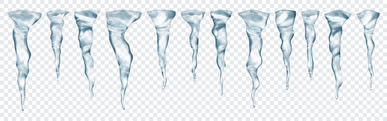 Set of translucent realistic gray icicles of different lengths on transparent background. Transparency only in vector format