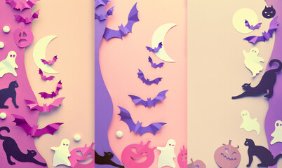 Cute Halloween vertical backgrounds for media stories. Paper art. Kawaii black cats, vibrant purple paper bats, pink pumpkins, sweets, funny white ghosts. Flat lay on pink and purple paper.