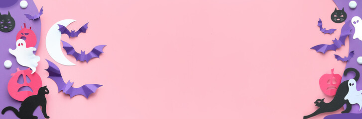 Cute Halloween banner with copy-space. Kawaii black cats, vibrant purple paper bats, pink pumpkins, sweets, funny white ghosts. Panoramic flat lay on pink and purple paper with Crescent, text space.
