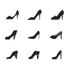 Women stylish footwear. women`s elegant shoe for fashion . Feminine and trendy shoes for web design. solid icon, high heel shoes icon set. Vector illustration. Design on white background. EPS 10