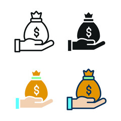 Money bag in hand. Hand holding money sack for save dollar or loan payment concept. Earnings or salary for investment. Bag, hand, money icon. Vector illustration. Design on white background. EPS 10