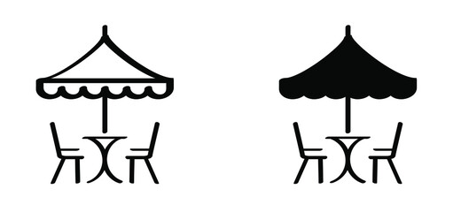 Cartoon restaurant, dining, table with chairs. Cafe terrace icon Table under umbrella. Chaise chair pictogram. Flat vector icon or sign. Holiday, vacation and tourism, summer time symbol