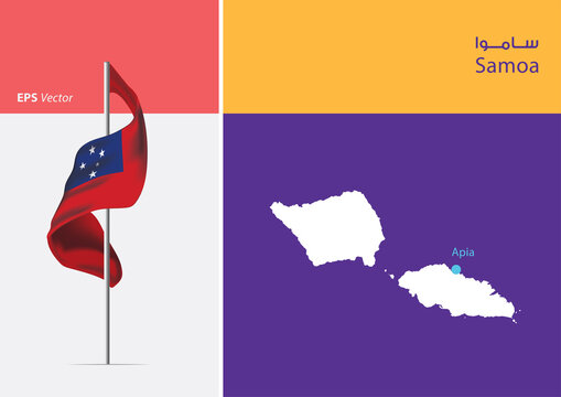 Flag of Samoa on white background. Map of Samoa with Capital position - Apia. The script in Arabic means Samoa - Powered by Adobe