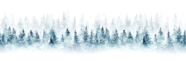 Seamless pattern with snowy spruce forest. Christmas mood. Watercolor painting isolated on white background. - 453471704