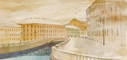 Hand drawn sketch of Saint-Petersburg with watercolor. Old city landscape - 453471733