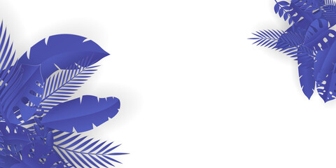 Purple leaves floral background on white background. Set of Colorful summer disco party posters with fluorescent tropic leaves, flower and badges. Summertime backgrounds