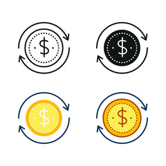 Dollar coin with arrow in circle for money flow element of money crime laundering. USD currency circled sign. Finance, investment, money icon. vector illustration. Design on white background. EPS10