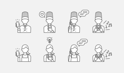 シェフとエプロン姿の女性がスマートフォンを使用している線画イラストセット