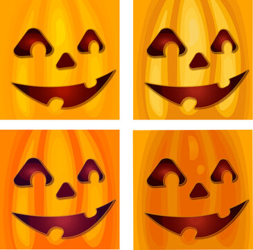 Set of Halloween pumpkin faces square backgrounds. Carved pumpkin