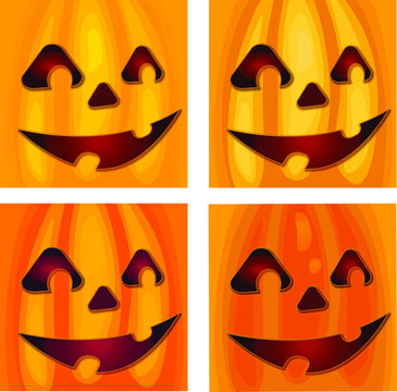 Set of four smiling Halloween pumpkin faces square backgrounds. Carved pumpkin
