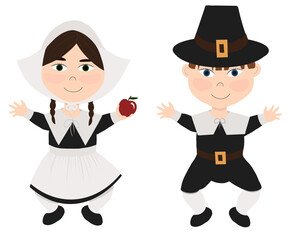 Cute raster collection, two small children, a boy and a girl in pilgrim costumes. Illustration for postcards, decoration, various Thanksgiving products. - obrazy, fototapety, plakaty
