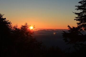 Fototapeta na wymiar 雲取山の夜明け。雲取山荘から見た日の出。空と雲海がオレンジ色に染まる。 
