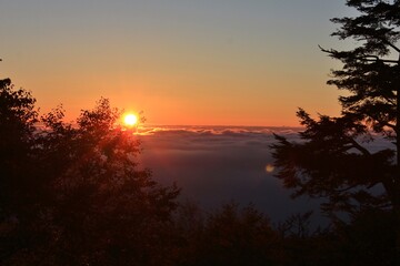 Obraz na płótnie Canvas 雲取山の夜明け。雲取山荘から見た日の出。空と雲海がオレンジ色に染まる。 