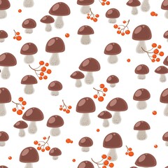 Seamless pattern from mushrooms and red berries on white background
