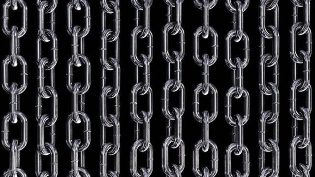 Realistic looping 3D animation of the rotating scratched grimy vertical steel chains rendered in UHD with alpha matte