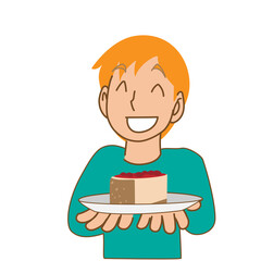 ラズベリーチーズケーキを持った白人の少年