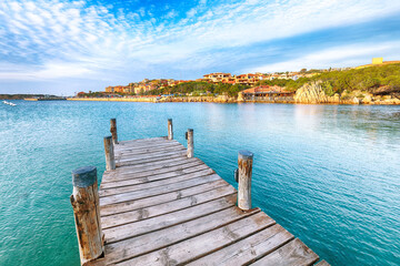 Fototapeta na wymiar Gorgeous view of Porto Cervo from wooden pier