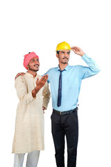 Young indian engineer with farmer on white background.