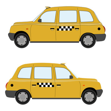 Set of yellow cab taxi car vector in flat design with and without stroke