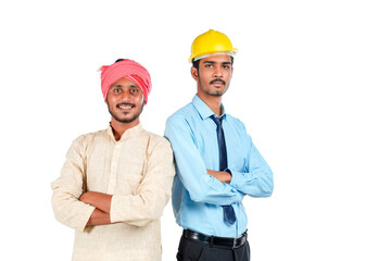 Young indian engineer with farmer on white background.