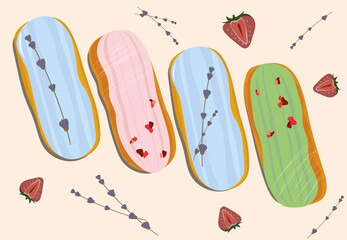 eclairs with various fillings with lavender and strawberries