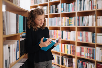 Teen girl among a pile of books. A young girl reads a book with shelves in the background. She is...