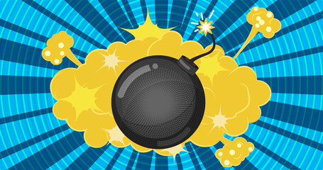 A bomb and a cloud of explosion in the style of pop art. An explosive device. An old gun with a lit fuse on a bright blue background. Comic cast-iron bombshell, flat style. Bright colors.. 