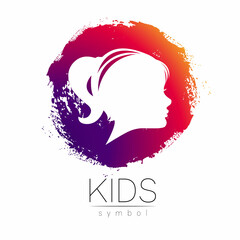 Child Girl Vector logotype in violet circle. Silhouette profile human head. Concept logo for people, children, autism, kids, therapy, clinic, education. Template symbol design