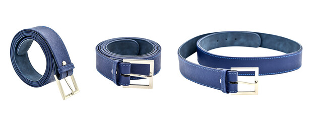 Group of women's blue leather waist belt with silver metal buckle on white background