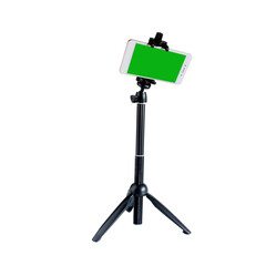Mobile phone with green screen on a tripod with a clear background.