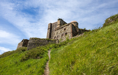 View of Fort Diamond (Forte Diamante) in the city of Genoa, Mura park trail (Parco delle Mura),...