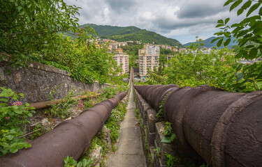 View of Ponte Sifone sul Geirato (The Siphon bridge) belongs to the ancient aqueduct of Genoa, Italy