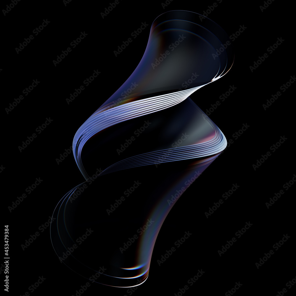 Poster 3d render background with abstract transparent geometry shape with dispersion effect. twisted shapes