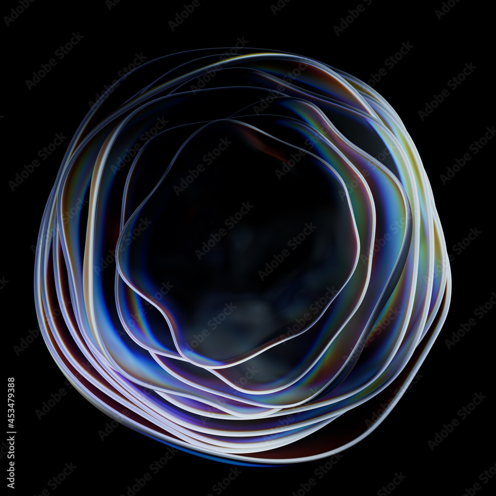 Poster 3d render background with abstract transparent geometry with dispersion effect. round multi-layered 