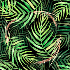 Obraz premium Seamless watercolor pattern background with tropical leaves, spikelet, wheat. Fern leaves, forest background. For design, fabric, paper, material. Tropical leaves. Exotic tropical palm tree 