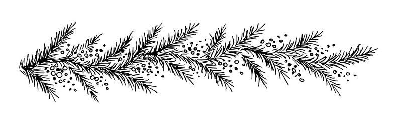 Hand-drawn simple vector drawing in black outline. Pine, spruce branch, berries isolated on white background. Long garland, banner. For festive New Year, Christmas design, postcards, labels.