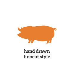 Hand drawn illustration of pig, Berkshire breed, in linocut style.