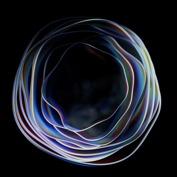 3d render background with abstract transparent geometry with dispersion effect. Round multi-layered shape.
