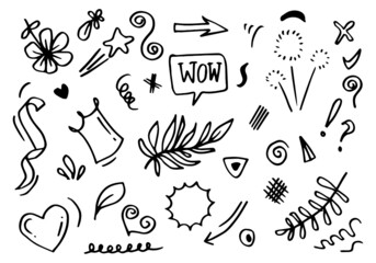 set of doodle design elements isolated on a white background for design concepts like flowers, leaves, star,ribbon, arrows and others.