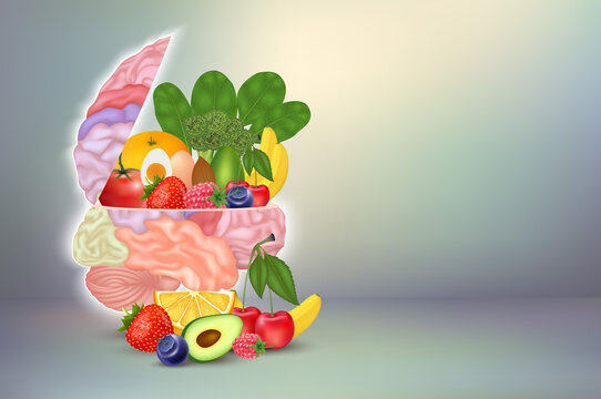 Healthy brain food boost brainpower nutrition concept as a group of nutritious nuts vegetables and berries rich in omega 3. That helps treat symptoms alzheimer's, dementia and depression. 3D vector.