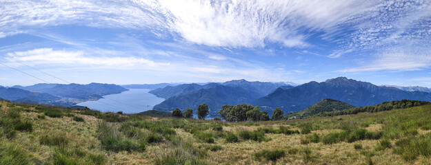Fototapeta na wymiar Extra wide aerial view of the Lake Maggiore from the Mount Forcora