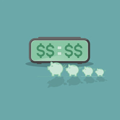 Digital alarm clock with dollar sign time and piggy bank row to grow gradually as a gimmick of time is money. Conceptual vector illustration outline flat design style.