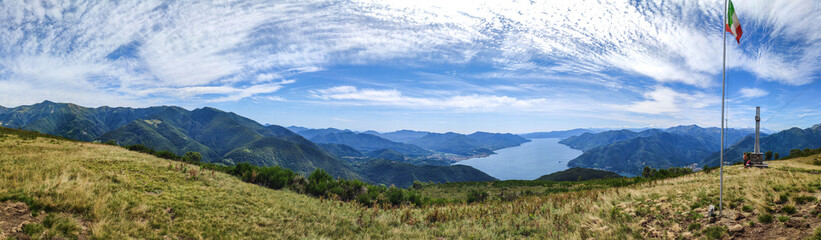 Obraz premium Extra wide aerial view of the Lake Maggiore from the Mount Forcora